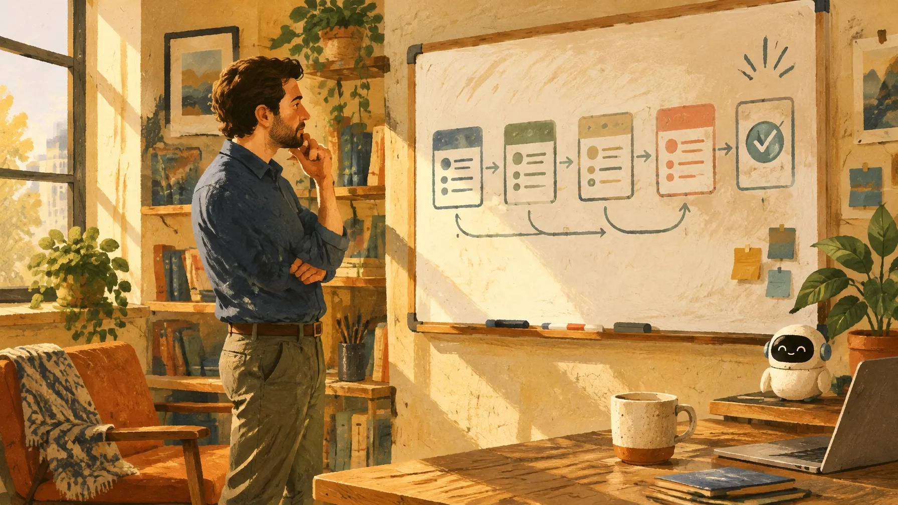 Illustrated solo agency founder at a desk with an AI delivery and admin helper