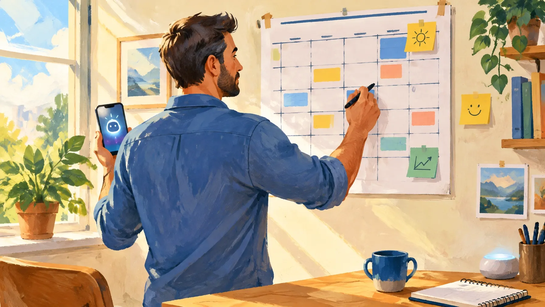 Illustrated executive coach at a desk with an AI assistant organizing follow-ups