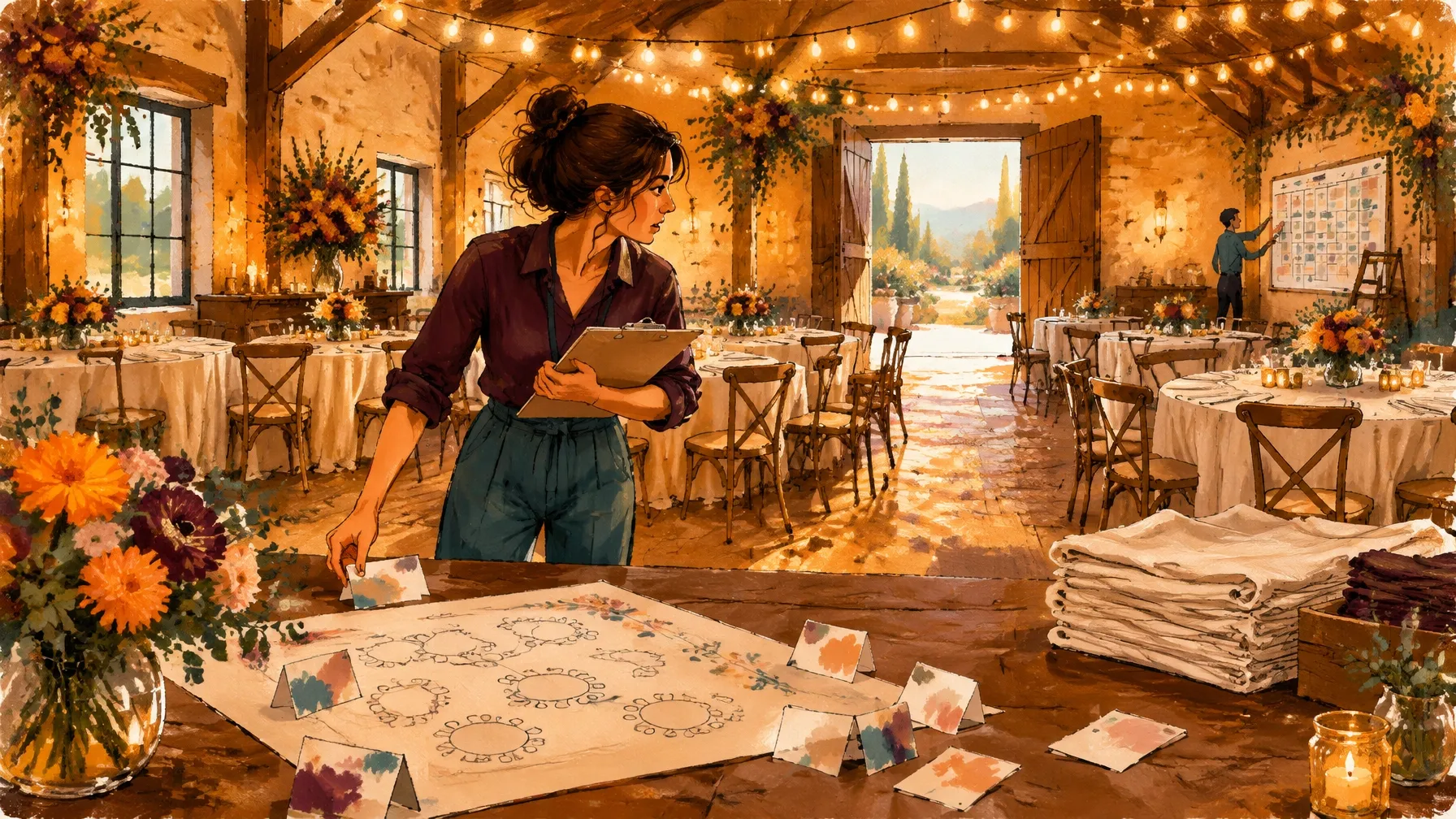 Illustrated event founder planning a bright venue with an AI event coordinator